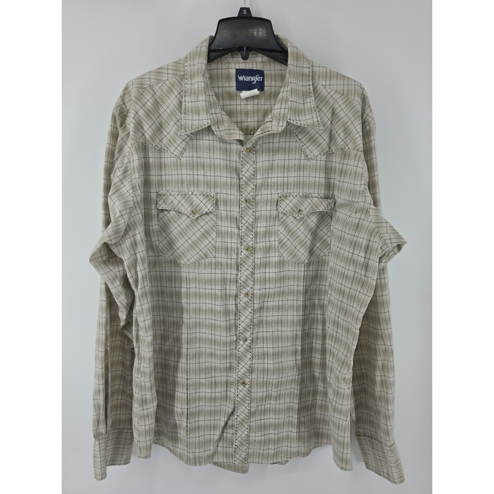 Wrangler Mens Western Snap Shirt XXL Plaid Long Sleeve Tan Green Pearl Snap